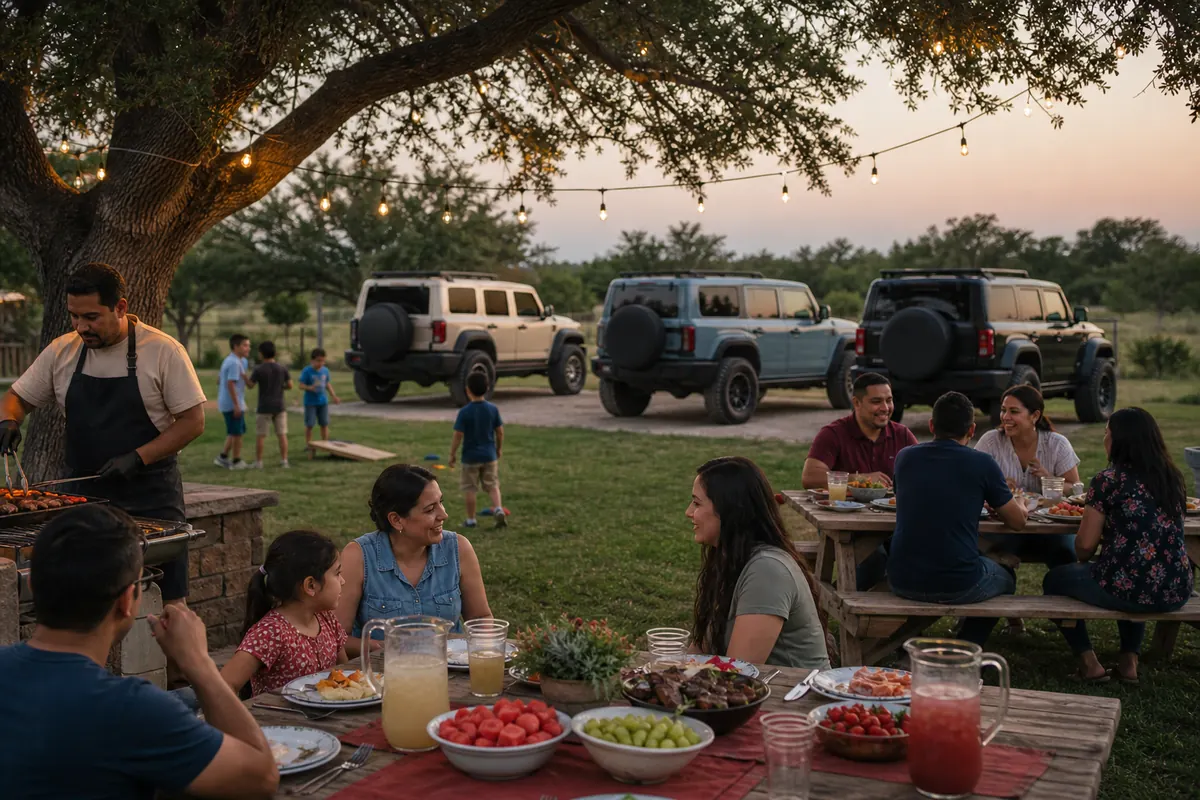 AI-generated concept scene, fictional families sharing a backyard barbecue with three off-road vehicles parked nearby.