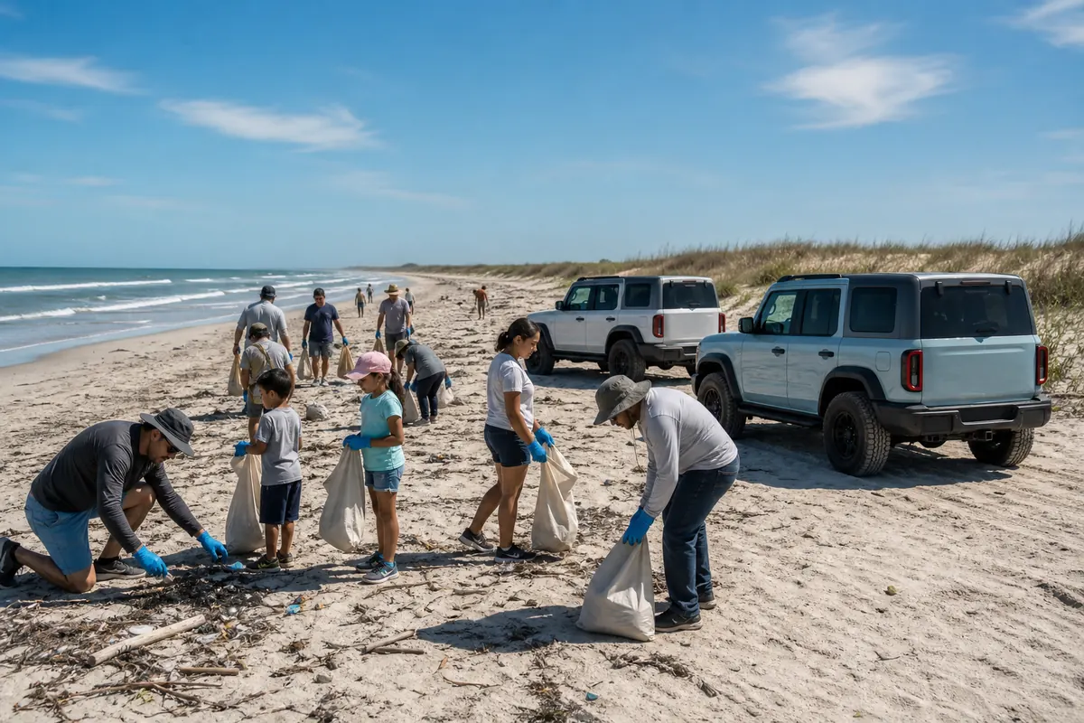AI-generated concept scene, fictional families gathering litter near two parked off-road vehicles on a Gulf Coast beach.