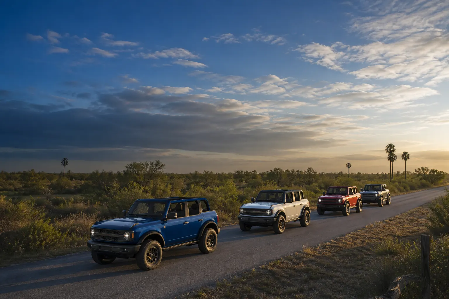 AI-generated concept scene, four off-road vehicles traveling in a safe convoy through Rio Grande Valley brush country.